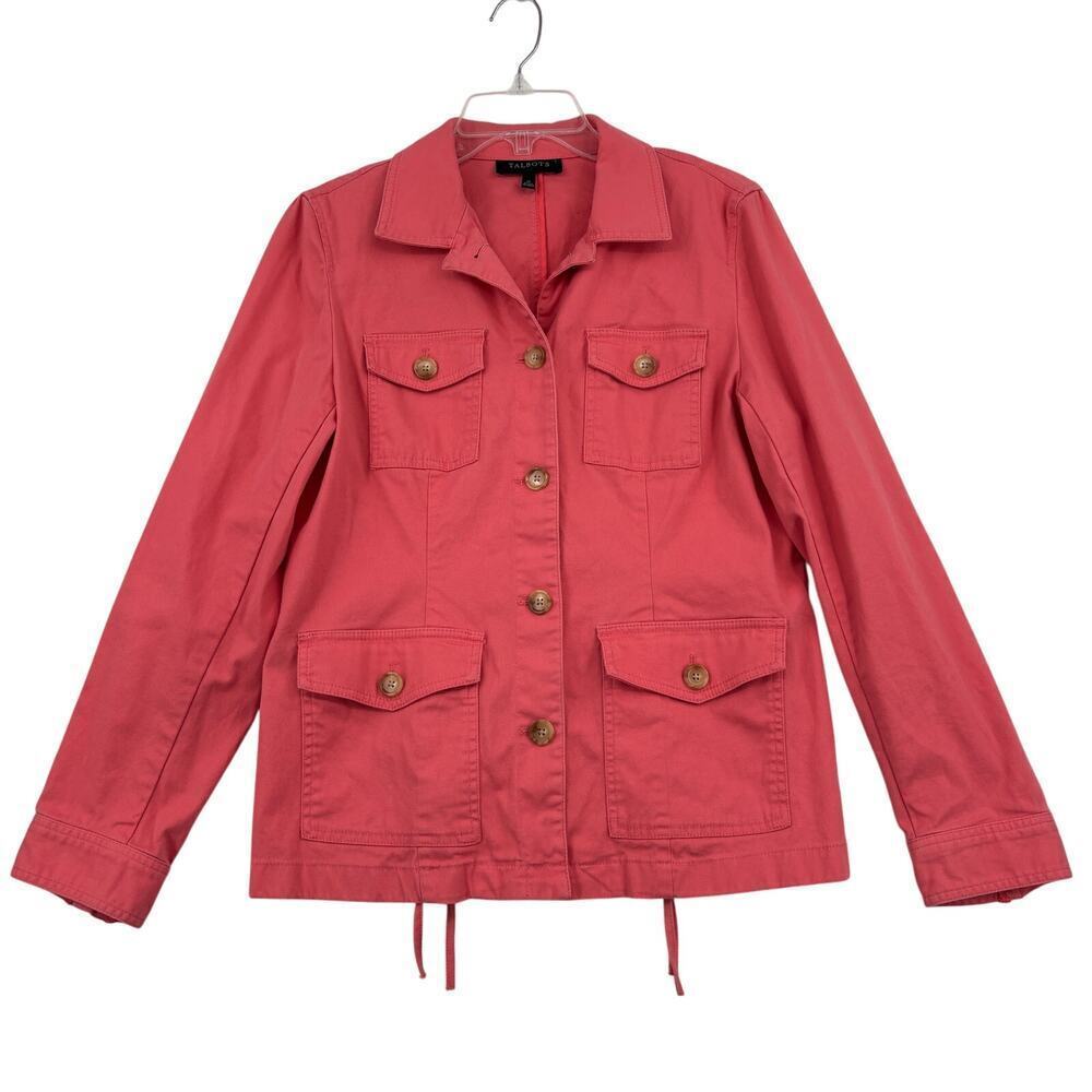 Talbots Jean Jacket Size M Coral Pink Button‎ Front Double Back Lace Up Stretch